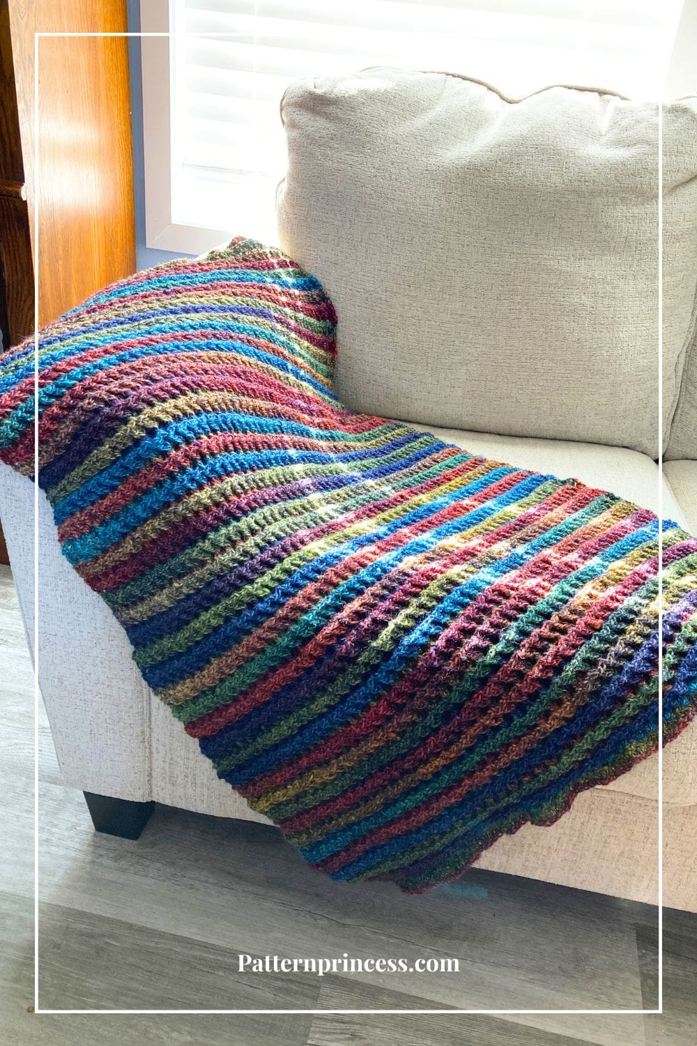 3D ZigZag Waffle Throw using Variegated Yarn on Sofa